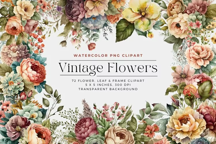 72 Vintage Watercolor Flowers, leaves and Frames