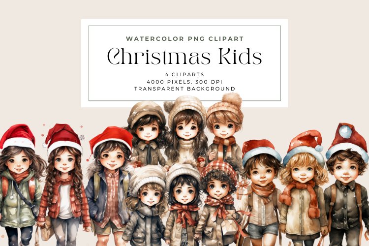 4 Watercolor Christmas Kids Clipart example image 1