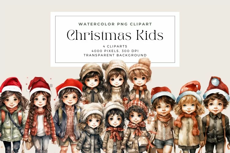 4 Watercolor Christmas Kids Clipart