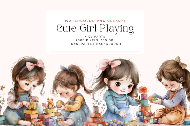 Watercolor Cute Girl Playing Clipart