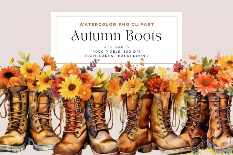 4 Watercolor Autumn Boots Clipart