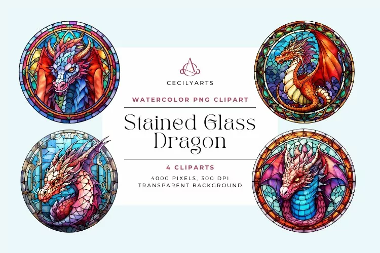 4 Watercolor Stained Glass Dragon Clipart