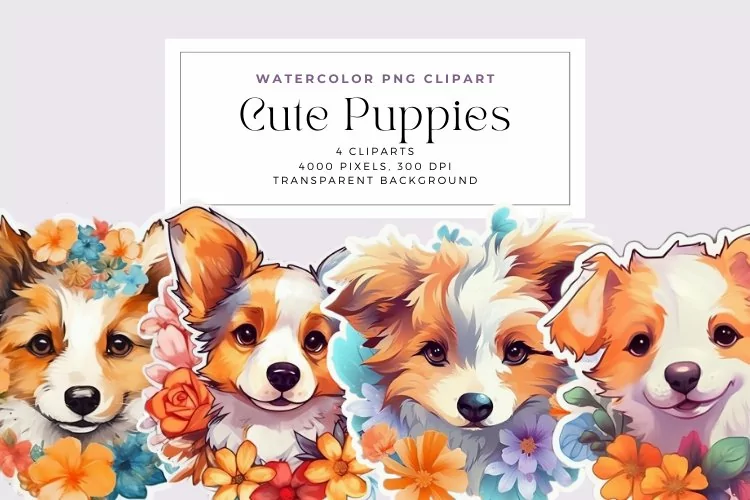 4 Watercolor Cute Puppies Clipart