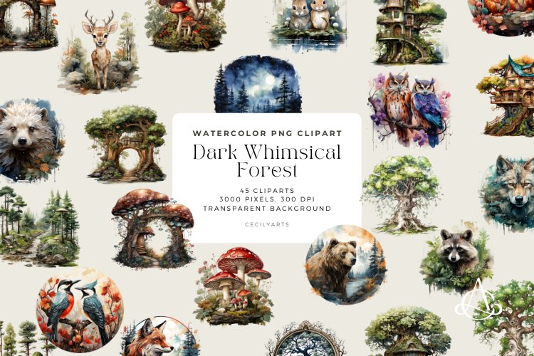 Watercolor Dark Whimsical Forest Clipart example image 1