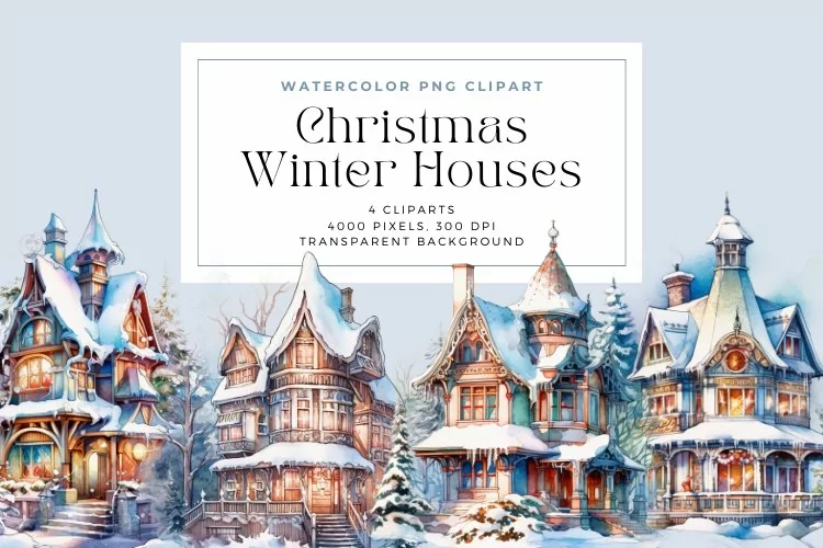 4 Watercolor Winter Houses Clipart