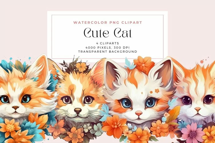 4 Watercolor Cute Cats Clipart