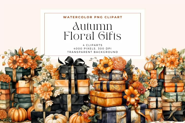 4 Watercolor Autumn Floral Gifts Clipart