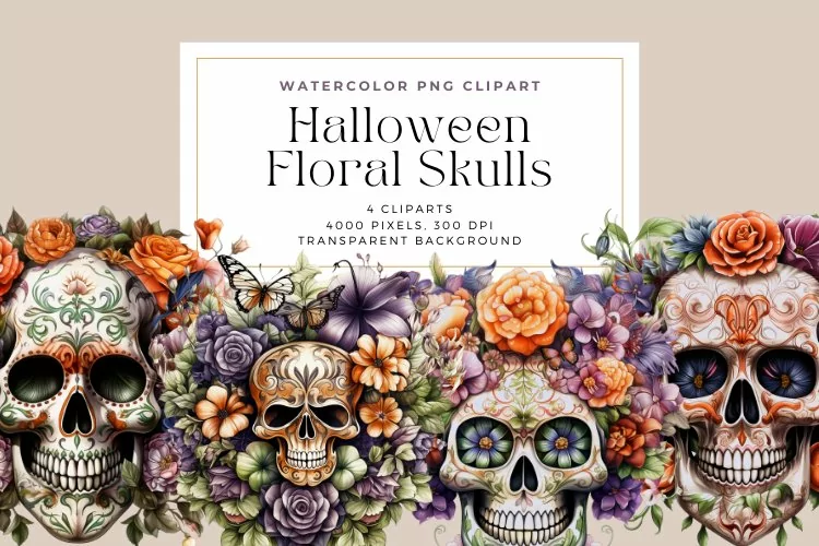 4 Watercolor Halloween Floral Skulls Clipart