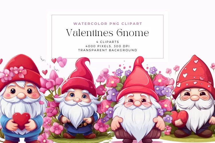 Watercolor Valentine Gnome Stickers Clipart
