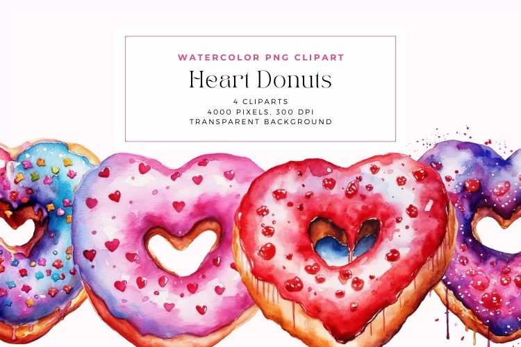 Watercolor Heart Donuts Clipart