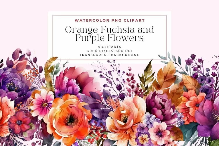 Watercolor Orange Fuchsia and Purple Flowers Clipart