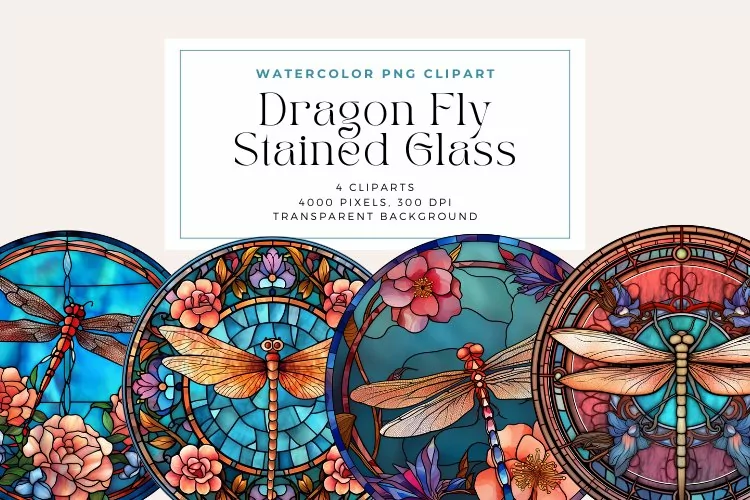 Watercolor Dragon Fly Stained Glass Clipart