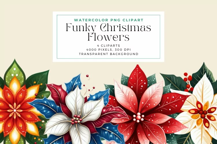 Watercolor Funky Christmas Flowers Clipart