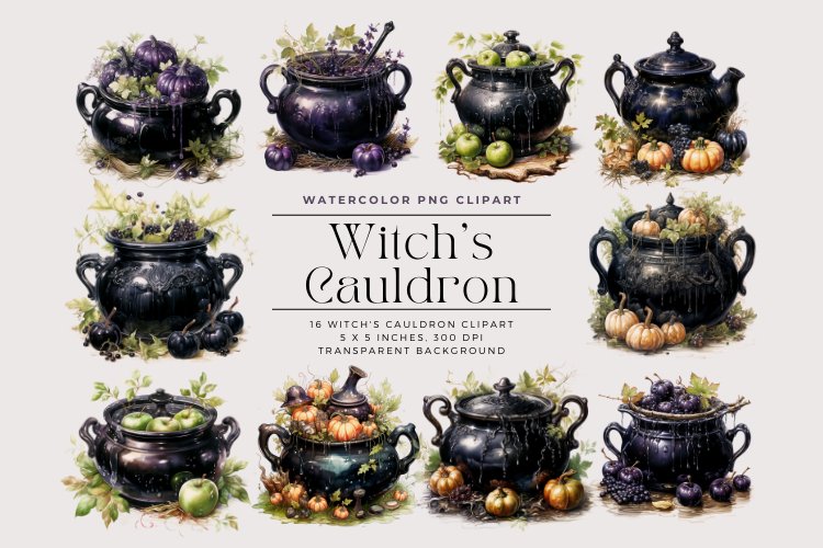16 Watercolor Witch's Cauldron Clipart example image 1