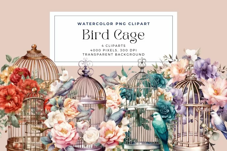 4 Watercolor Bird Cage Clipart