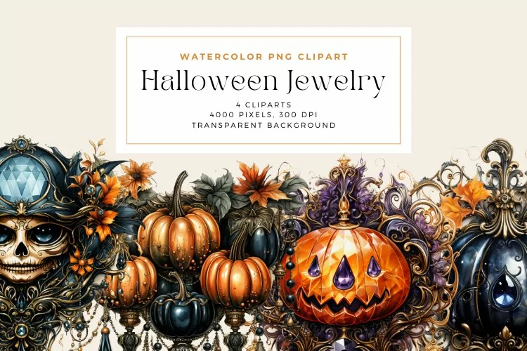 4 Watercolor Halloween Jewelry Clipart