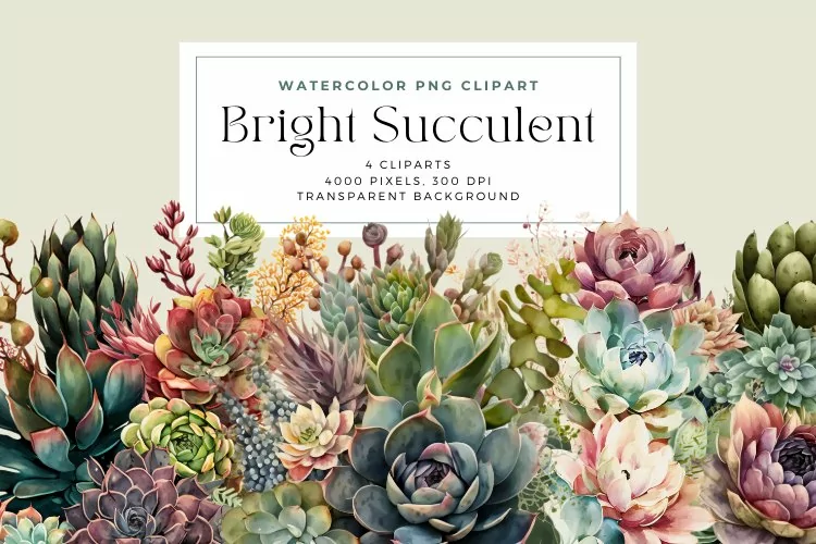 4 Watercolor Bright Succulent Clipart