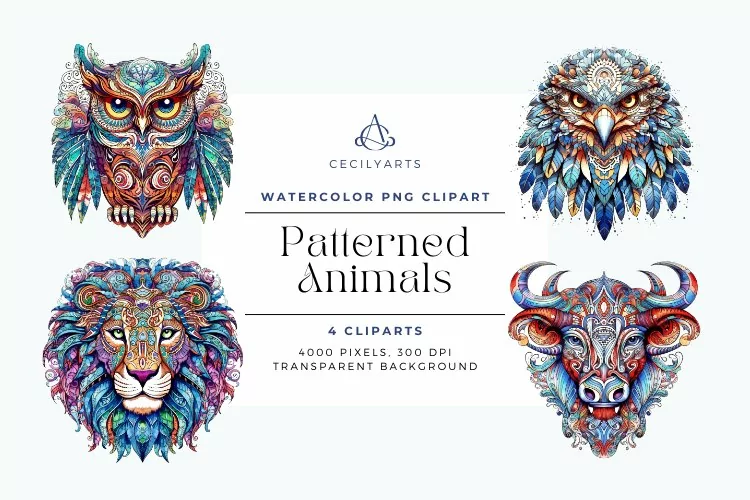 4 Watercolor Patterned Animals Clipart