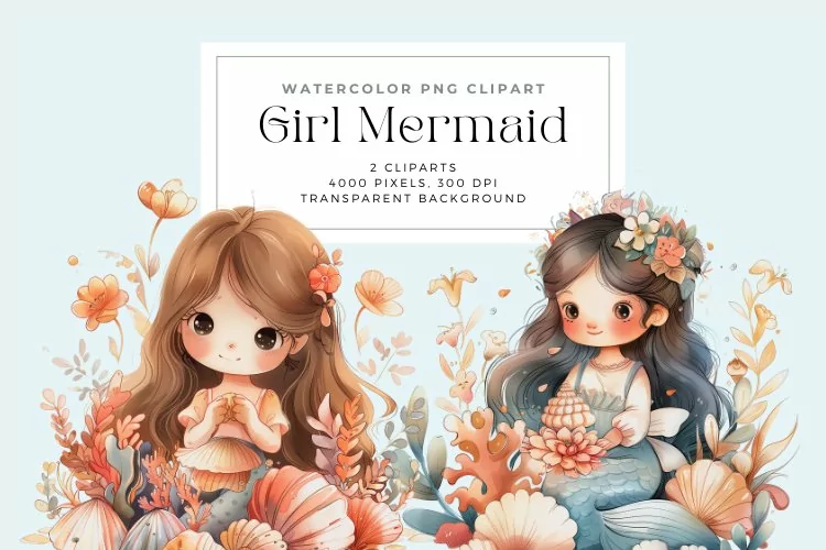 Watercolor Girl Mermaid Clipart