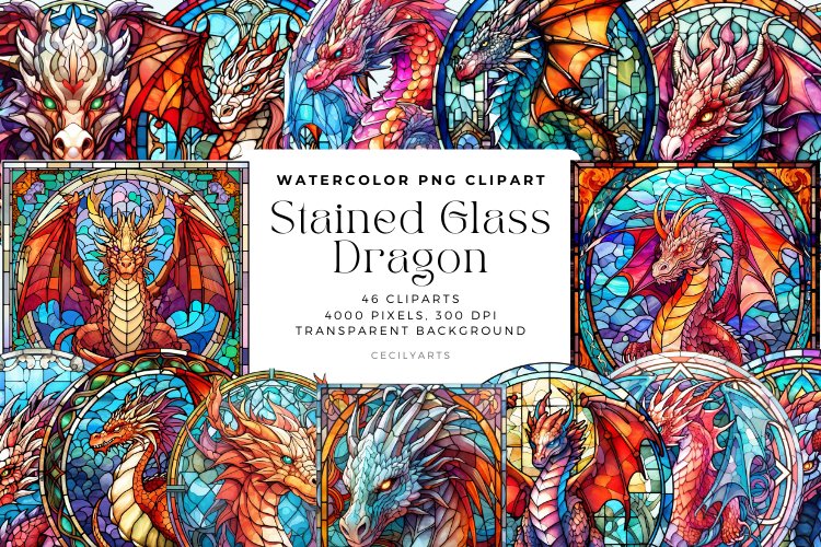 46 Watercolor Stained Glass Dragon Clipart example image 1