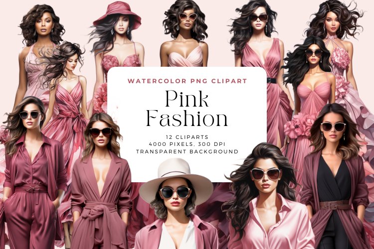 12 Watercolor Pink Fashion Clipart