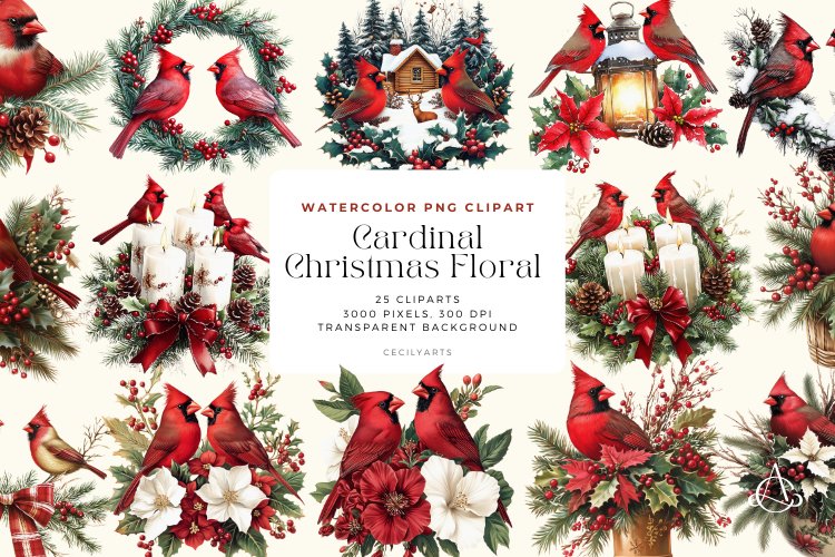 Watercolor Cardinal Christmas Floral Set Clipart Bundle