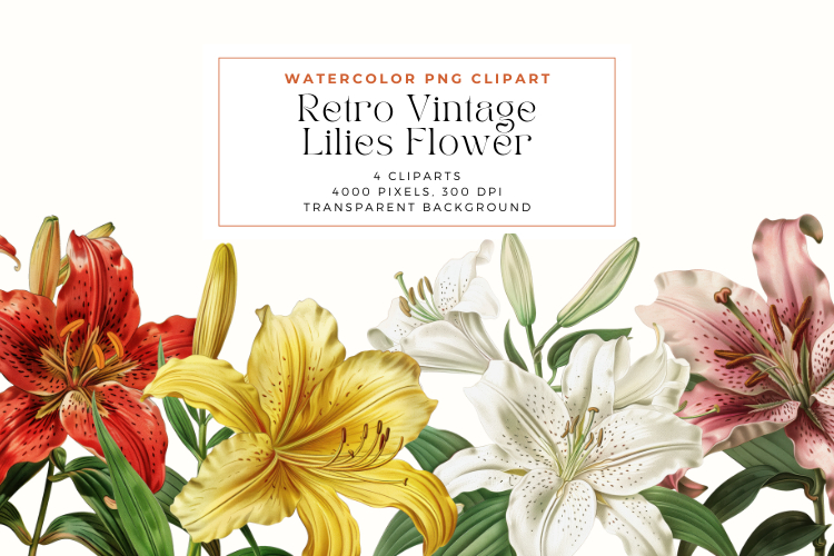 Watercolor Retro Vintage Lilies Flower Clipart
