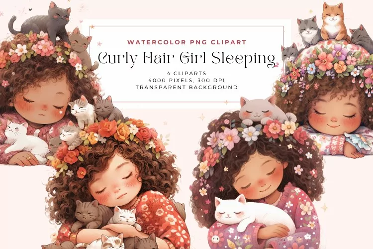Watercolor Curly Hair Girl Sleeping Clipart