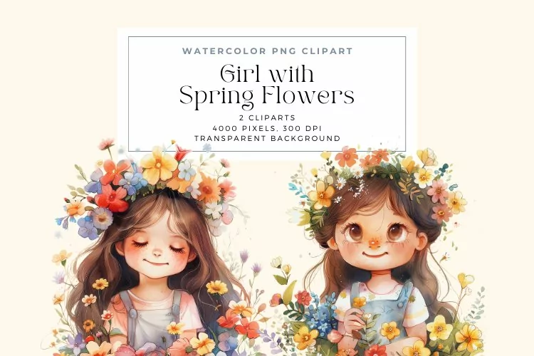 Watercolor Girl with Spring Flowers Clipart
