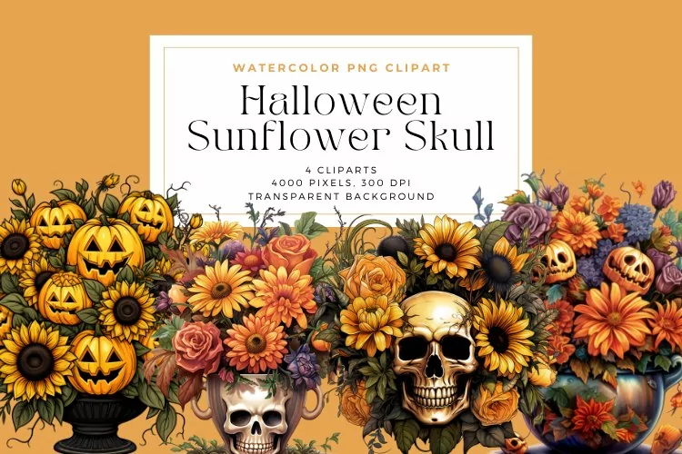 4 Watercolor Halloween Sunflower Skull Clipart