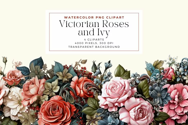Watercolor Victorian Roses and Ivy Clipart