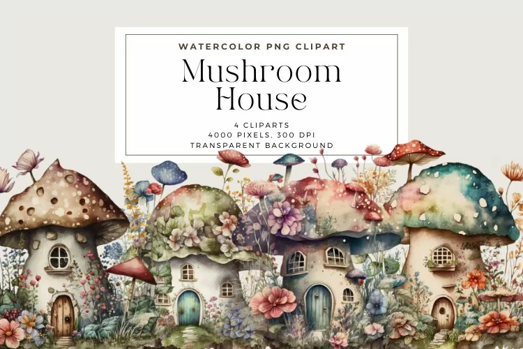 4 Watercolor Mushroom House Clipart
