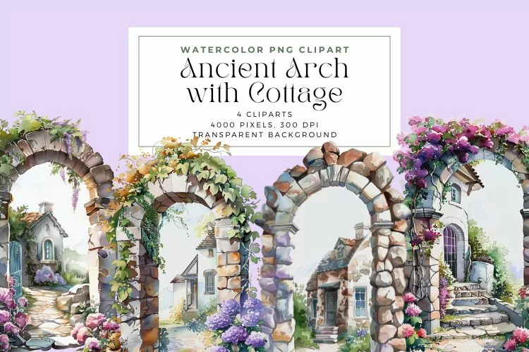 Watercolor Ancient Arch with Cottage Clipart