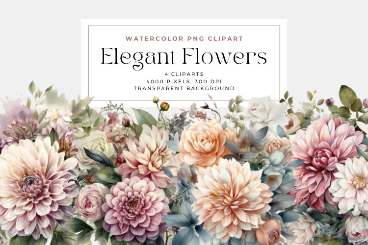 4 Watercolor Elegant Flowers Clipart