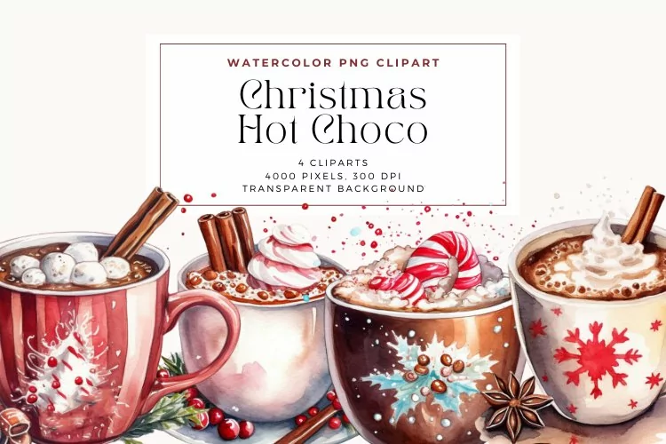 4 Watercolor Christmas Hot Choco Clipart
