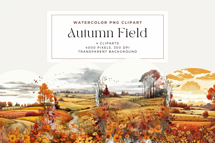 4 Watercolor Autumn Field Clipart
