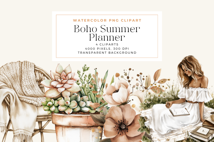 Watercolor Boho Summer Planner Clipart