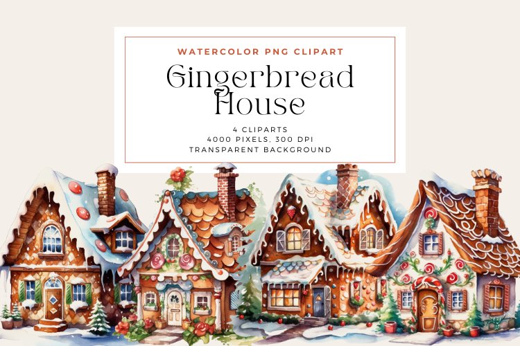 4 Watercolor Gingerbread House Clipart