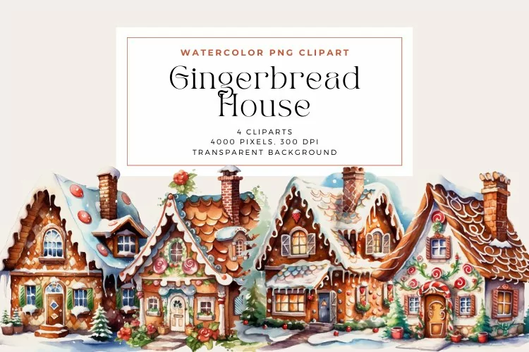 4 Watercolor Gingerbread House Clipart