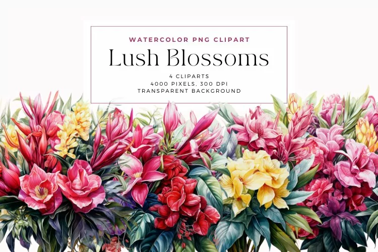 4 Watercolor Lush Blossoms Clipart