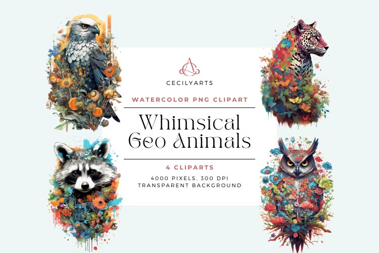 4 Watercolor Whimsical Geo Animals Clipart