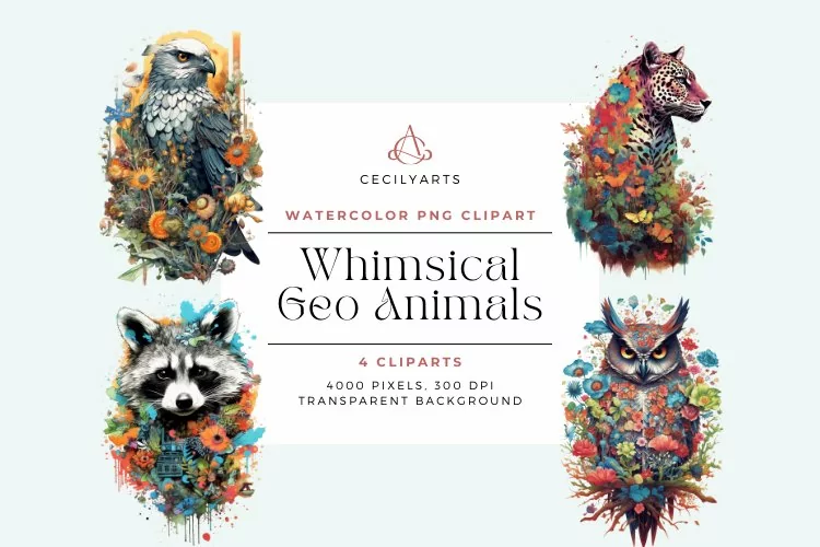 4 Watercolor Whimsical Geo Animals Clipart
