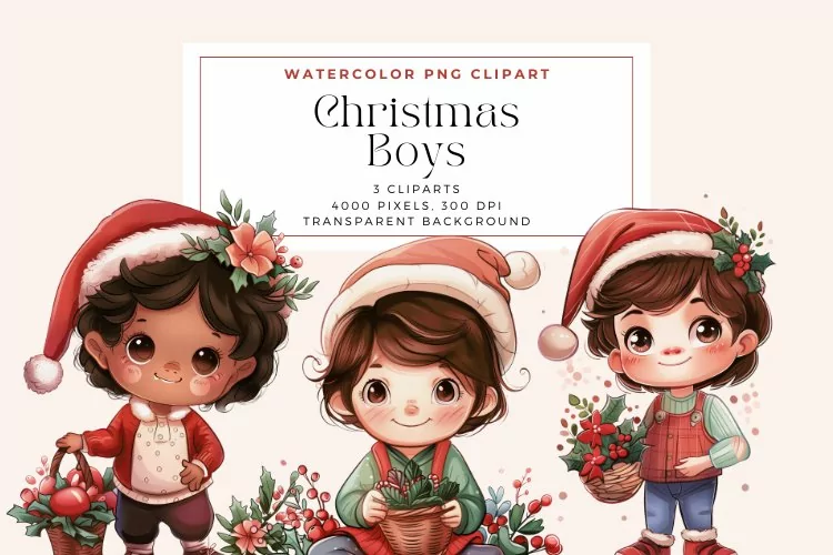 Watercolor Christmas Boys Clipart