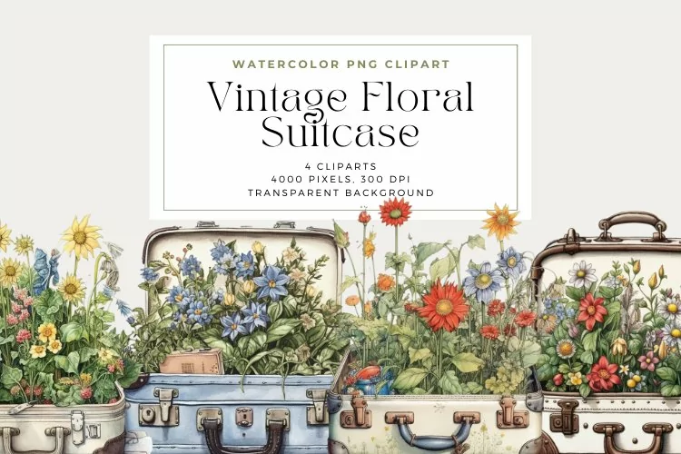 4 Watercolor Vintage Floral Suitcase Clipart