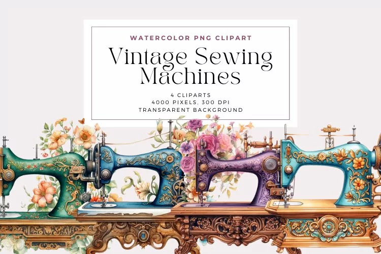 4 Watercolor Sewing Machines Clipart