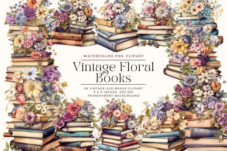 36 Watercolor Vintage Floral Books Clipart