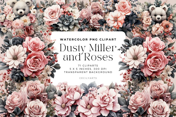 Watercolor Dusty Miller and Roses Clipart Bundle example image 1