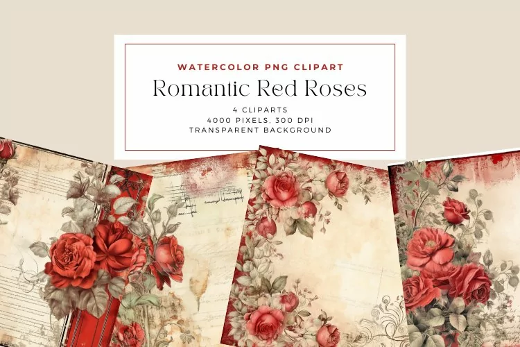4 Watercolor Romantic Red Roses Journal Tags Clipart