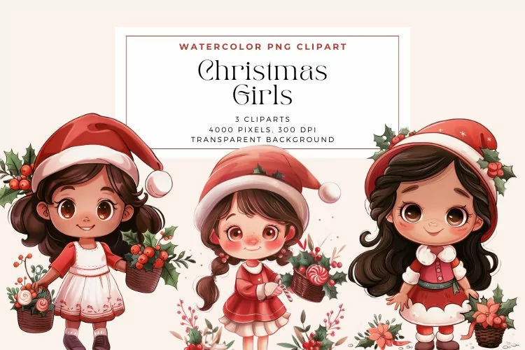 Watercolor Christmas Girls Clipart