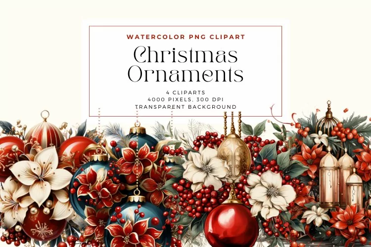 4 Watercolor Christmas Ornaments Clipart